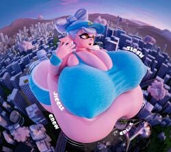 1girls 3d 3d_(artwork) anthro ass belly belly_overhang breasts cephalopod cephalopod_humanoid city cityscape cleavage exercise_clothing fat female female_focus female_only giant giantess hat helicopter hips hyper hyper_ass hyper_breasts inkling large_ass large_breasts macro macro_female marie_(splatoon) marie_(wo262) maskedtreasure mountain nintendo nipple_bulge overweight overweight_female shorts splatoon splatoon_(series) sports_bra stomach thick_thighs thighs visor_cap wide_hips yellow_eyes