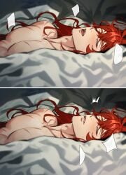 1boy bed_sheet blush closed_eyes diluc_(genshin_impact) eriimyon from_side genshin_impact hair_between_eyes highres long_hair lying male_focus nipples nude on_back parted_lips pectorals red_hair scar scar_on_chest scar_on_face solo solo_male sweatdrop teeth upper_teeth_only