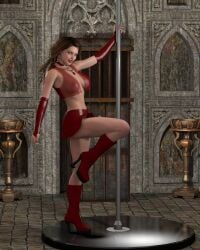 1girls 3d brown_hair horpheu original red_skirt see-through see-through_top skirt slave_estelle stripper stripper_pole