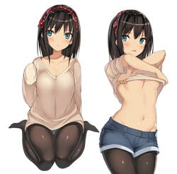 bent_knees black_hair black_legwear blue_eyes blush breasts cleavage female female hairband headband kureha_(ironika) legwear_under_shorts light_background long_hair long_sleeves looking_at_viewer medium_breasts medium_hair midriff multiple_views navel no_bra no_shoes open_mouth original pantyhose pantyhose_under_shorts polka_dot polka_dot_hairband shiny shiny_hair shirt shirt_lift short_hair short_shorts shorts simple_background sitting sitting_on_floor sleeves_past_wrists solo tsubasa_(kureha) underboob undressing wariza white_background