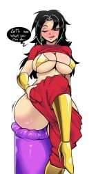 1girls breasts dragon_ball dragon_ball_super english_text female female_only kefla kiwiartsu large_breasts looking_at_viewer one_eye_closed solo text thighs white_background wide_hips