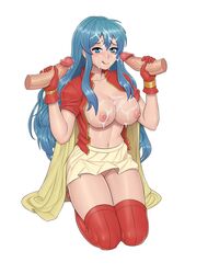 1girls 2boys anon_bardos bare_thighs big_breasts blue_eyes blue_hair breasts breasts_out bukkake collarbone cum cum_on_breasts cum_on_face cum_on_hair double_handjob eirika_(fire_emblem) facial female female_protagonist fire_emblem fire_emblem:_the_sacred_stones gloved_handjob gloves handjob kneeling large_breasts licking_lips light-skinned_female light-skinned_male light_skin long_hair looking_at_viewer mmf_threesome nintendo nipples no_panties open_clothes open_shirt shy_smile skirt smile thighhighs threesome very_long_hair white_background