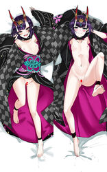 bangs black_kimono bob_cut breasts censored closed_mouth dakimakura_(medium) eyeliner fate/grand_order fate_(series) female floral_print headpiece heart heart_censor horn_ornament horn_ring horns japanese_clothes kimono legs long_sleeves looking_at_viewer lostroom_outfit_(fate) lying makeup multiple_views nipples obi on_back oni oni_horns open_mouth purple_eyes purple_hair pussy sash senbon_tsuki short_hair shuten_douji_(fate) shuten_douji_(fate/grand_order) skin-covered_horns small_breasts smile wide_sleeves