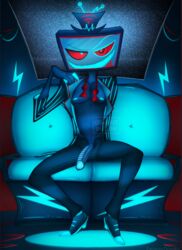 1boy chest demon half-erect hazbin_hotel looking_at_viewer male male_only mostly_clothed orias_art penis presenting red_eyes sitting smile smiling smiling_at_viewer smooth_skin solo_male spread_legs thighs tv unbuttoned undressing unzipped vivienne_medrano vox_(hazbin_hotel)