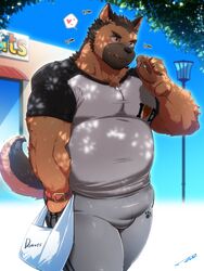 1boy 3:4 anthro anthro_only bag bara bottomwear brown_body brown_eyes brown_fur bulge canid canine canis clothed clothing crumbs dad_bod dadbod dessert domestic_dog doughnut eating food fur furry furry_only gay genital_outline german_shepherd grey_bottomwear grey_clothing grey_pants hand_in_pocket heart herding_dog hi_res holding_food holding_object leaf male mammal moobs muscle musclegut muscles muscular muscular_male outside pants pastoral_dog penis_outline pockets solo solo_focus solo_male speech_bubble street_lamp tepen tongue tongue_out tptptpn wristband yaoi