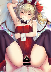 1boy alternate_costume animal_ears arm_under_breasts arm_up armpits ass bar_censor bare_shoulders black_legwear blonde_hair blush bow breasts bunny_ears censored cleavage closed_eyes commentary_request crotch_cutout crystal culter detached_collar fake_animal_ears female flandre_scarlet hair_between_eyes hairbow high_heels highres knees_up leotard long_hair no_panties penis playboy_bunny pussy red_bow red_leotard sex side_ponytail small_breasts smile solo_focus spread_legs straight tears thighhighs thighs touhou vaginal_penetration vampire wings wrist_cuffs