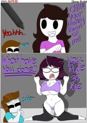 1boy 1girls breast_expansion brown_hair damienminded dialogue english_text female hetero heterosexual huge_breasts jaiden jaiden_animations jaidenanimations let_me_explain_studios oh_no!! panties pants_down rebecca_parham rule_34_(booru) tablet_pen tagme text transformation youtube youtuber