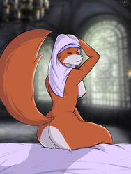 3:4 anthro ass bed bedding breasts canid canine canis castle chandelier clothed clothing digital_media_(artwork) disney edit female fox furniture genitals headdress headdress_only headgear headgear_only headwear headwear_only hi_res inside maid_marian mammal medieval mostly_nude nipples nude nude_edit on_bed pussy robin_hood_(disney) side_boob solo stained_glass tagme window yukkooart