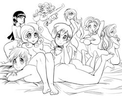 8girls apple_bloom_(mlp) black_and_white covering_breasts cutie_mark_crusaders_(mlp) fluttershy_(mlp) friendship_is_magic harem huge_breasts humanized large_breasts long_hair looking_at_viewer lying_on_stomach mrlncon multiple_girls my_little_pony pinkie_pie_(mlp) rainbow_dash_(mlp) rarity_(mlp) scootaloo_(mlp) smooth_skin sweetie_belle_(mlp) twilight_sparkle_(mlp) voluptuous