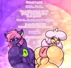 2futas anthro anus ass balls balls_touching big_balls bodily_fluids canid canine canis chiropteran comparing comparing_butts dialogue dogslickingsoda domestic_dog duo full-package_futanari fur furry futa_on_futa futa_only futanari genitals gynomorph hair huge_asshole huge_balls humanoid_genitalia hyper hyper_anus hyper_genitalia intersex intersex/intersex inviting mammal musk nude onomatopoeia pink_hair plump_labia puffy_anus pussy simple_background smelly smile soda_(dogslickingsoda) sound_effects squish sweat text tongue unwashed_ass