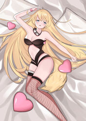 1girls artist_request ass bed bed_sheet blonde_hair blue_eyes blush bracelet breasts canon_genderswap cleavage clothed clothing cute fake_tail female female_focus female_only fishnet_legwear fishnet_stockings fishnets fox_tail gender_transformation genderswap genderswap_(mtf) legwear light-skinned_female light_skin lingerie long_hair naruko naruto naruto_(classic) naruto_(series) naruto_shippuden on_back on_bed pinup pose posing revealing_clothes rule_63 sexy_no_jutsu shounen_jump small_breasts solo solo_female solo_focus stockings tail teenager thighhighs thighs uzumaki_naruto whisker_markings whiskers yellow_hair