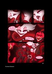 2boys alastor_(hazbin_hotel) angel_dust_(hazbin_hotel) blowjob blush blushing bodily_fluids cheek_bulge chest_tuft choker clothed comic deer demon fellatio hazbin_hotel legs_up licking looking_down looking_pleasured magic male male_only no_pupils orias_art page_4 red_hair restrained saliva skirt smile smiling spider spread_legs suspension tentacle tentacle_sex tentacles text thighhighs tongue tongue_out vivienne_medrano white_body white_hair yaoi