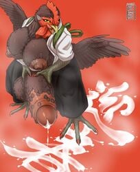 2017 anthro areola asian_clothing avian balls big_areola big_balls big_breasts big_nipples big_penis bird bodily_fluids breasts brown_body bubonikku chicken claws clothed clothing cum cum_drip cum_on_ground cum_text digital_media_(artwork) dripping east_asian_clothing erection feathered_penis feathers foreskin futanari galliform gallus_(genus) genital_fluids genitals gynomorph hand_on_penis hi_res huge_balls huge_breasts huge_cock humanoid_genitalia humanoid_penis hyper hyper_balls hyper_genitalia hyper_penis intersex japanese_clothing japanese_text looking_at_viewer nipples non-mammal_breasts olga_(bubonikku) penis phasianid red_claws retracted_foreskin simple_background solo steam sweat text tongue tongue_out uncut wings