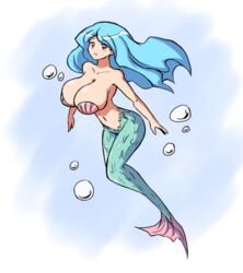 1girls bare_shoulders blue_hair breasts bubble collarbone eyelashes female female_only fish_tail green_tail hair large_breasts long_hair looking_at_viewer mermaid open_mouth original pasties paulgq png red_eyes seashell seashell_pasties shell smile solo solo_female tagme tail underwater