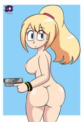 1girls big_ass big_butt blonde_hair female looking_at_viewer metroid pistol samus_aran solo violeta_nsfw weapon