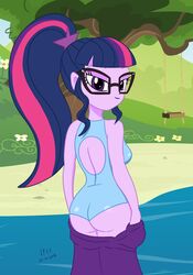 1girls 2018 ass bespectacled equestria_girls female female_only friendship_is_magic glasses keidashu long_hair looking_at_viewer looking_back looking_over_shoulder mostly_nude my_little_pony nude one-piece_swimsuit outdoors outside ponytail sci-twi solo standing standing_in_water swimsuit twilight_sparkle_(mlp)