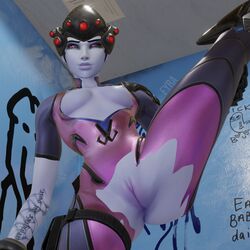 3d bathroom blender clitoris exposed_breasts exposed_pussy fyra_(artist) leg_lift nose overwatch purple_skin pussy shaved_pussy smile standing torn_clothes vagina widowmaker