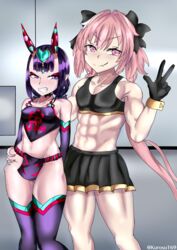 1boy 1girls astolfo_(fate) astolfo_(saber)_(fate) fate/grand_order fate_(series) female femboy femboy_on_female grabbing grabbing_from_behind grope hetero horns josou_seme kurosu169 male/female muscular_male oni shuten_douji_(fate) shuten_douji_(fate/grand_order) shuten_douji_(halloween_caster)_(fate) skirt straight tagme trap