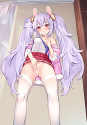 aimee_(emi) ass azur_lane bare_shoulders blush breasts censored female groping hairband highres laffey_(azur_lane) long_hair masturbation nipples off_shoulder open_mouth purple_eyes purple_hair pussy pussy_juice skirt skirt_lift solo thighhighs twintails very_long_hair white-framed_eyewear