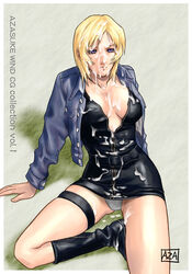 aya_brea azasuke big_breasts blonde_hair boots breasts bukkake busty cum denim_jacket female female_focus female_only hourglass_figure jacket parasite_eve purple_eyes sitting solo tagme thigh_holster wide_hips