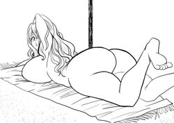 0ryomamikado0 1girls ass beach beach_towel black_and_white bubble_butt curvy female huge_ass huge_breasts laying_down looking_back lying_on_stomach mikado_ryouma mrlncon naked naked_female nude nude_female original original_character plump voluptuous