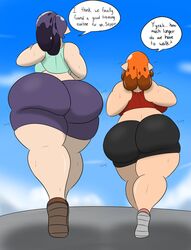 2girls ass big_ass big_breasts booty_shorts breasts dialogue huge_ass huge_breasts igphhangout inkling jogging loopy_(igphhangout) nintendo orange_hair pointy_ears ponytail public purple_hair sepia_(igphhangout) shoes short_hair speech_bubble splatoon sports_bra sweat sweatdrop text white_skin workout workout_clothes