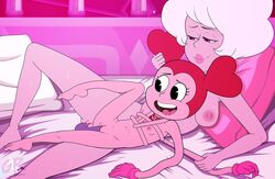 2girls bed bedroom big_dom_small_sub cartoon_network diamond_authority dildo dildo_in_pussy double_dildo elastic female_only flat_chest gem_(species) gr leg_glider leg_glider_position lesbian_sex multiple_girls nipples pink_diamond_(steven_universe) pink_eyes pink_hair pink_skin reset_spinel_(steven_universe) sex_toy small_breasts smaller_female spinel_(steven_universe) steven_universe steven_universe_future sweat sweater twintails yuri