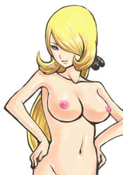 blonde_hair bule cynthia_(pokemon) female female_only hands_on_hips human human_only large_breasts long_hair nintendo one_eye_covered pokemon pokemon_dppt smile solo tagme white_background