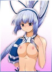 1girls blue_hair blush breast_squeeze breasts female long_hair looking_down majikina_mina nipples ryuu_ryuu samurai_shodown snk solo