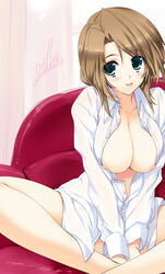 1girls aqua_eyes blush bottomless breasts brown_hair cute dream_c_club dress_shirt female futaba_riho green_eyes iizuki_tasuku large_breasts naked_shirt nipple_slip nipples no_bra open_clothes open_shirt shirt short_hair sitting solo tongue