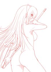 ass back_view backboob breasts druaga_no_tou fatina female female_only holding_object large_breasts long_hair misnon_the_great monochrome nude simple_background solo standing straight_hair white_background