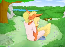 ass blackfury closed_eyes color eeveelution female flareon fur human interspecies male nintendo nude pokemon pokemon_(species) realistic_animal sitting size_difference tagme