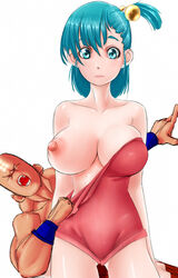 1boy 1girls ahe_gao aqua_eyes aqua_hair assisted_exposure blue_eyes blush breasts bulma's_top_drop bulma_briefs cleavage closed_eyes dragon_ball dragon_ball_(classic) dragon_ball_z embarrassed erect_nipples extreme_muscles female gamma_ray_burst huge_breasts human krillin kuririn large_breasts large_nipples male muscle muscles nipples open_mouth pale side_ponytail straight straight_hair swimsuit tan_skin white_background