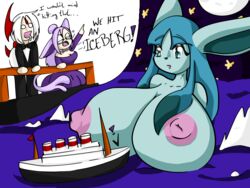 1boy 2girls absol big_breasts breasts eeveelution english english_text espeon female female_focus giantess glaceon huge_breasts hyper_breasts male night nintendo nipples ocean pokémon_(species) pokemon pokemon_(species) ship speech_bubble titanic water