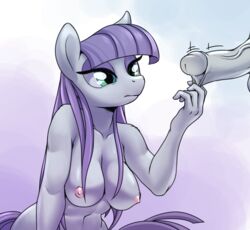 2016 anthro anthrofied areola balls breasts disembodied_penis duo earth_pony equine erection female friendship_is_magic furry hair half-closed_eyes hi_res horse humanoid_penis long_hair male mammal maud_pie maud_pie_(mlp) my_little_pony nipples nude penis penis_grab pony purple_hair solo_focus stoic5 straight vein