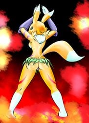 anthro ass back_view barefoot color digimon female female_only fur furry grass_skirt renamon solo standing tagme vulva