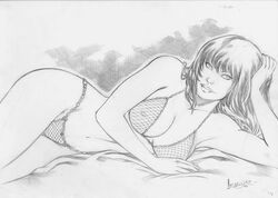 1girls 2009 breasts clothed clothing female female_only front_view human leandro_oliveira lying marvel mary_jane_watson monochrome on_side solo spider-man_(series) straight_hair tagme