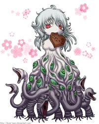 cthulhu_mythos flower green_eyes h.p._lovecraft heart ikura-maru monster_girl red_eyes rule_63 sad tentacle tentacle_girl the_dunwich_horror what white_background white_hair