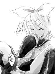 blush bow closed_eyes eyes_closed female female_only hair_ribbon hermmy japanese_text kagamine_rin masturbation monochrome ribbon short_hair sitting sleeves solo spread_legs vocaloid