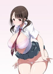 bent_wrist between_breasts bra breasts brown_eyes brown_hair condom condom_in_mouth curvy female gradient gradient_background highres huge_breasts leaning_forward long_hair mouth_hold necktie necktie_between_breasts open_clothes open_shirt panties panty_pull pink_background pink_bra poin pussy sawa_okita school_uniform shirt skirt skirt_lift smile solo tari_tari thigh_gap tied_hair twintails underwear wide_hips