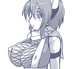 cleavage ekakiuo fishnet_across_breasts fishnets izuna legend_of_the_unemployed_ninja monochrome ninja nipples