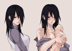 1girls amputee bare_shoulders before_and_after big_breasts black_eyes black_hair blush boruto:_naruto_next_generations breast_grab breasts clothing covering cubur embarrassed female_only front_view gender_transformation genderswap_(mtf) grabbing_own_breast hair_over_one_eye heterochromia long_hair missing_arm multiple_views naruto naruto_(series) nipples rinnegan rule_63 sasuke_uchiha sasuko sexy_no_jutsu shirt side_view sweat sweating undressing upper_body vest