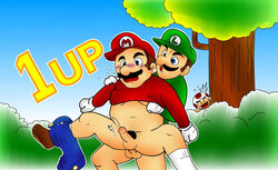 anal_penetration anal_sex being_watched blush bottomless brother brothers brown_hair bushes clothes color cum_while_penetrated erection facial_hair front_view fujisan gay gloves hair human incest insertion luigi male male_only mario mario_(series) moustache mouth_open multiple_males nintendo nipple_tweak outdoors pants_around_one_leg penis reverse_suspended_congress score sex shirt_up siblings spread_legs straight_hair super_mario_bros. toad_(mario) tree voyeur wide_eyed yaoi