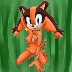 5_fingers anthro badger blue_eyes brown_body brown_hair chinry eyelashes female fingers navel necklace nipples open_smile orange_body orange_hair smile solo sonic_(series) sonic_boom sticks_the_badger sticks_the_jungle_badger sticks_the_tejon twintails