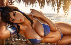 1girls alternate_breast_size areolae_peeking arm_behind_head armband armpit athletic_female avatar_legends barely_clothed beach big_breasts bikini blue_bikini blue_eyes breasts brown_hair busty cleavage dark-skinned_female female female_only fit_female hair_between_eyes hammock high_ponytail hourglass_figure huge_breasts korra large_breasts lipstick looking_at_viewer lying lying_on_side mascara nickelodeon ocean outdoors photorealism pinup pursed_lips realistic solo solo_female straight_hair string_bikini striptease sunset swimsuit the_avatar the_legend_of_korra tomboy tree tri_tails tropical_setting undone_bikini undressing water_tribe wet yupachu