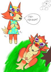 animal_crossing anthro audie_(animal_crossing) blush breasts canid canine canis censored dialogue emoji eyewear female food fruit genitals glasses hi_res japanese_text mammal ne_i_ro nintendo onomatopoeia pineapple pineapple_pattern plant pussy solo sound_effects speech_bubble spread_legs spread_pussy spreading tailwag text video_games wolf