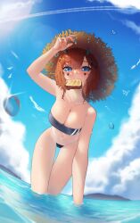 1girls big_breasts black_sclera blue_eyes blush breasts brown_hair cleavage facial_markings ginger_hair gris_swimsuit hand_above_head hearty_yuuki horns leaning_forward light-skinned_female light_skin ocean pattiiiiiiii solo solo_female solo_focus straw_hat swimsuit swimwear thick_thighs toast toast_in_mouth transparent_clothing virtual_youtuber vrchat water