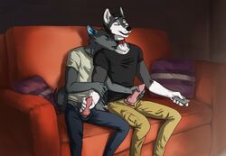 2019 2boys animal_genitalia animal_penis anthro biped black_clothing black_nose bottomwear canid canine canine_penis canis captainskee closed_eyes clothed clothing collar controller detailed_background digital_media_(artwork) duo erection fur furniture gay genitals grey_body grey_fur handjob holding_object humanoid_hands inside knot male male/male male_only mammal mutual_masturbation open_bottomwear open_clothing open_mouth open_pants pants penile penis pillow red_collar remote_control sex shirt sitting sofa topwear white_body white_fur wolf yaoi yukicanis