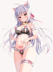 1girls ahoge animal_ears bangs bare_shoulders bell black_bra black_collar black_panties bow bow_bra bow_panties bra breasts brown_eyes cat_ears cat_girl cat_tail closed_mouth collar eyebrows_visible_through_hair female female_only frilled_bra frilled_panties frills grey_background heterochromia jingle_bell long_hair looking_at_viewer mauve medium_breasts multicolored_hair navel neck_bell original panties pink_hair pubic_tattoo red_eyes silver_hair simple_background smile solo solo_female standing streaked_hair tail tattoo underwear very_long_hair