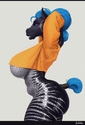 anthro big_breasts big_lips bimbo blue_eyes blue_hair dark-skinned_female equine eyelashes fishnets hoop_earrings horse horse_girl horse_humanoid huge_breasts lips lua_(pixelsketcher) muffin_top original original_character pixelsketcher striped_fur underboob voluptuous zebra